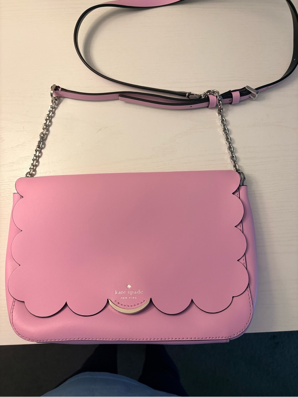 kate spade Pink Scalloped Leather Shoulder Bag with Chain Strap